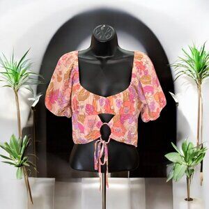 American Eagle Smocked Crop Top Pink Floral Size Medium